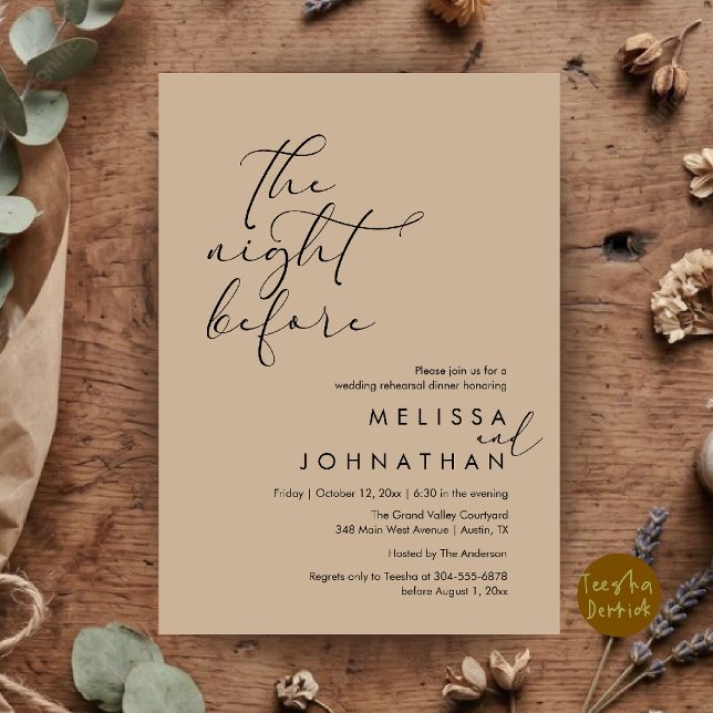 Romantisk middag för bröllopet kvällen innan inbjudningar (Romantic Wedding Rehearsal Dinner The Night Before Invitation Card in Kraft Tan Brown)