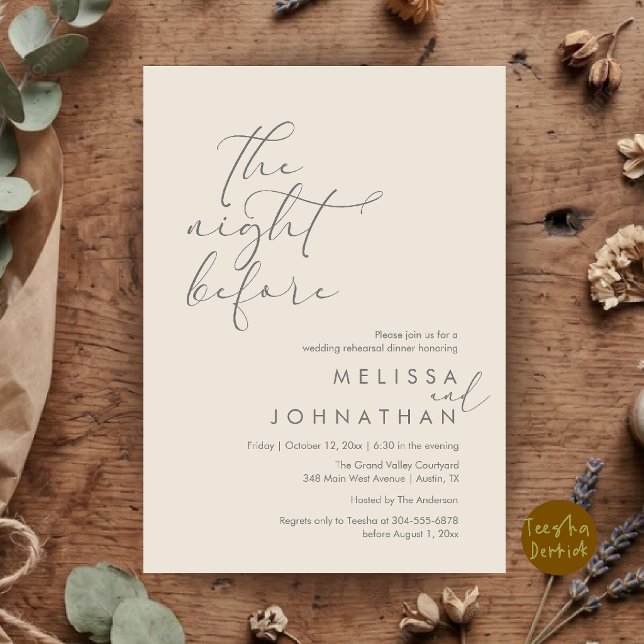 Romantisk middag för bröllopet kvällen innan inbjudningar (Romantic Wedding Rehearsal Dinner The Night Before Invitation Card in 
Cream Grey)