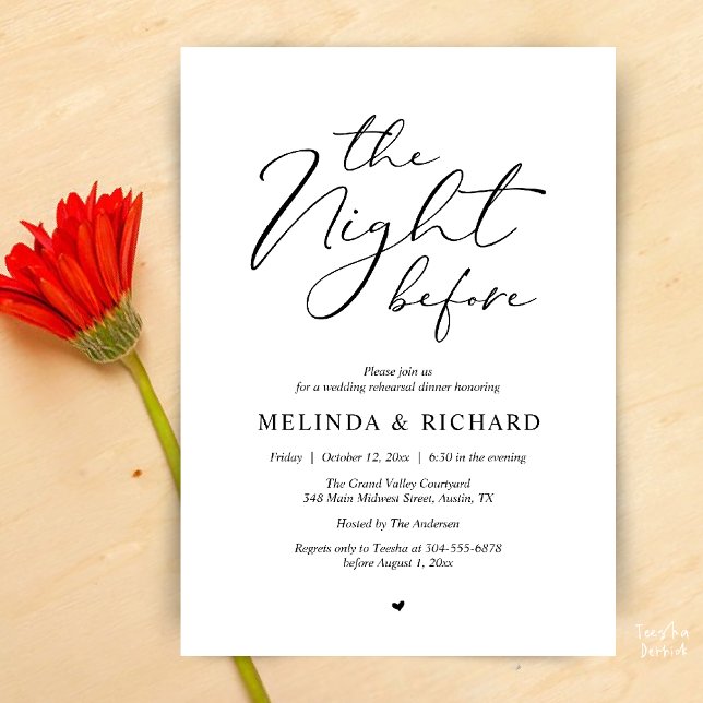 Romantisk middag för bröllopsrepetition kvällen in inbjudningar (Modern Romantic Wedding Rehearsal Dinner The Night Before Invitation Card in Black and White)