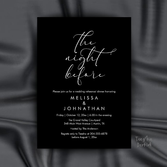 Romantisk middag för bröllopsrepetition kvällen in inbjudningar (Romantic Wedding Rehearsal Dinner The Night Before Invitation Card in Black and White)