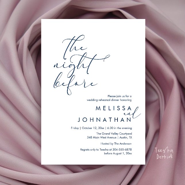 Romantisk middag för bröllopsrepetition kvällen in inbjudningar (Romantic Wedding Rehearsal Dinner The Night Before Invitation Card in Navy Blue)