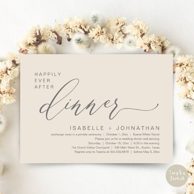 Romantisk Middag för Två Bröllopsfirande Fest Inbjudningar (Romantic Modern Happily Ever After Party Elopement Dinner Invitation Card PDF in Classy Cream Grey)