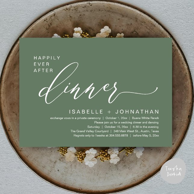 Romantisk Middag för Två med Lyckligt Slut Bröllop Inbjudningar (Romantic Modern Happily Ever After Party Elopement Dinner Invitation Card PDF in Rustic Sage Green)