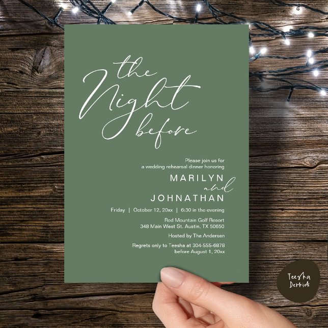 Romantisk middag kvällen före bröllopsrepetitionen inbjudningar (Romantic The Night Before Modern Wedding Rehearsal Dinner Invitation Card PDF Rustic Sage Green)