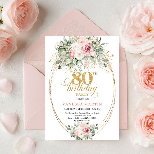 Romantisk minimalist rosenskär blommig 80-årsdag  inbjudningar (Romantic Minimalist Blush Floral 80th Birthday Invite

)