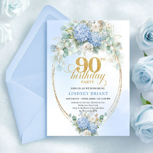 Romantisk Mjuk Blå Hortensia 90-års Födelsedagsinb Inbjudningar