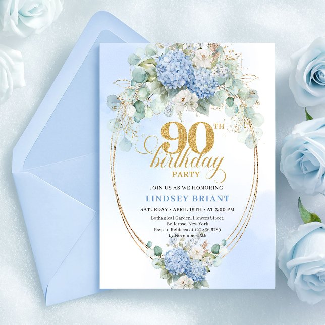 Romantisk Mjuk Blå Hortensia 90-års Födelsedagsinb Inbjudningar (Romantic Soft Blue Hydrangea 90th Birthday Invite)