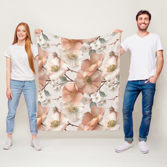 Romantisk mjuk persikofärg blom vit blommig mönste fleecefilt (På plats)