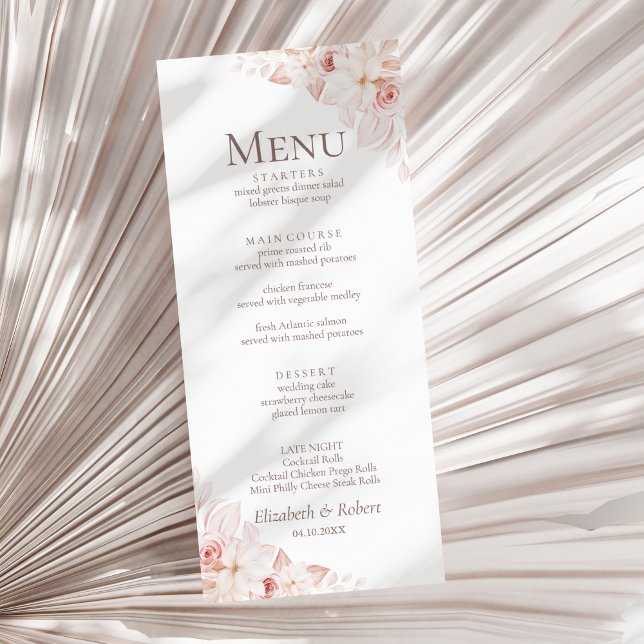 Romantisk mjuk rosa rosbröllopsmeny meny (Romantic Soft Pink Roses Wedding Menu on a sunny white dry palm leaf.)