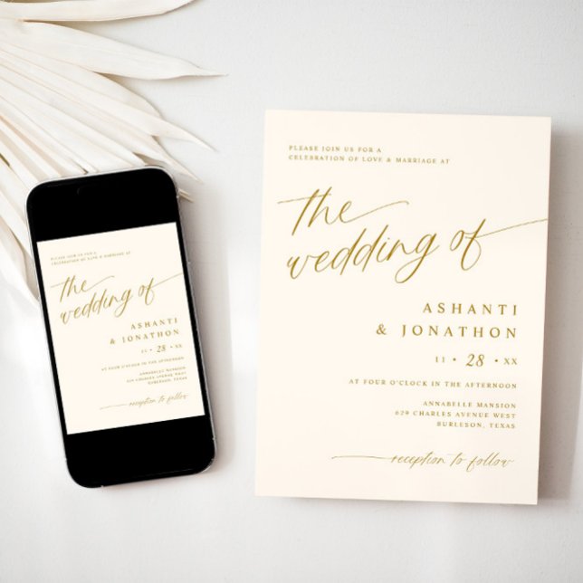 Romantisk Modern Guld Elfenben Allt-i-ett Bröllop Inbjudningar (Gold and light cream wedding invitation - downloadable - elegant, romantic, soft)