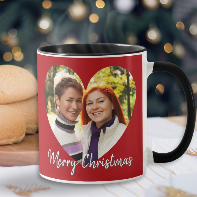 Romantisk Modern Söt Jul Hjärtlig Julbild Mugg (A Christmas mug, with your chosen photo displayed in a heart shape, and your own message on the back)
