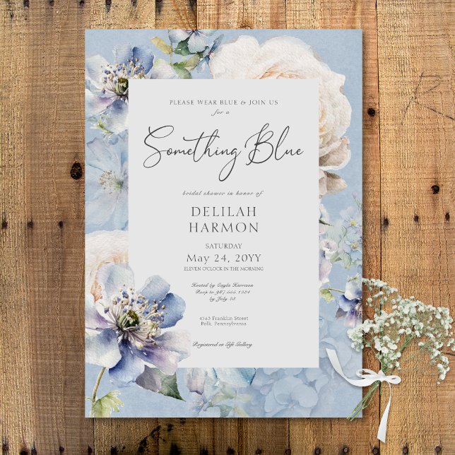 Romantisk Möhippa av något blått Blommigt Inbjudningar (Romantic Something Blue Floral Bridal Shower Invitation)