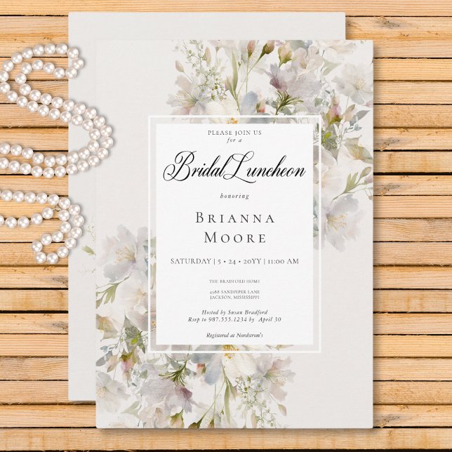 Romantisk Möhippa för Blommigten Vit och Rosa, lun Inbjudningar (Romantic Muted White & Pink Floral Bridal Luncheon Invitation)