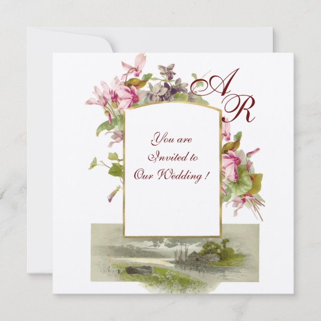 ROMANTISK MONOGRAM /CYKLAMEN, rosa grädde grön Inbjudningar (Framsida)