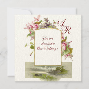 ROMANTISK MONOGRAM /CYKLAMEN, rosa grädde grön Inbjudningar