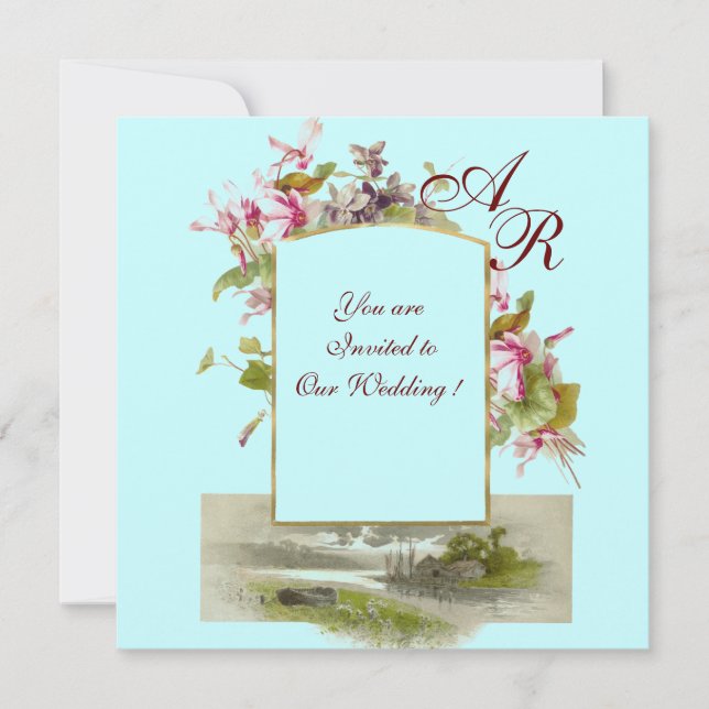 ROMANTISK MONOGRAM /CYKLAMEN, rosa grön blå Inbjudningar (Framsida)