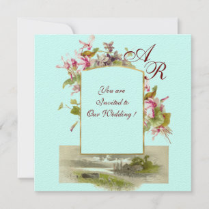 ROMANTISK MONOGRAM /CYKLAMEN, rosa grön blå Inbjudningar