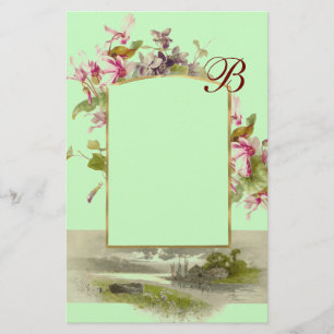 ROMANTISK MONOGRAM / CYKLAMEN, rosa grön Brevpapper