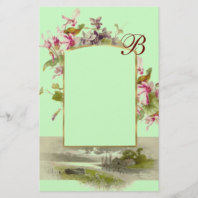 ROMANTISK MONOGRAM / CYKLAMEN, rosa grön Brevpapper (Framsida)