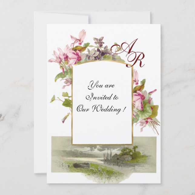 ROMANTISK MONOGRAM / CYKLAMEN, rosa grön champagne Inbjudningar (Framsida)