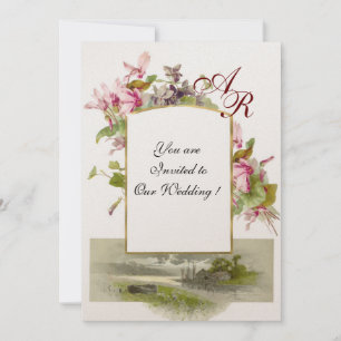 ROMANTISK MONOGRAM / CYKLAMEN, rosa grön champagne Inbjudningar