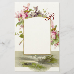 ROMANTISK MONOGRAM / CYKLAMEN, rosa grön kräm Brevpapper