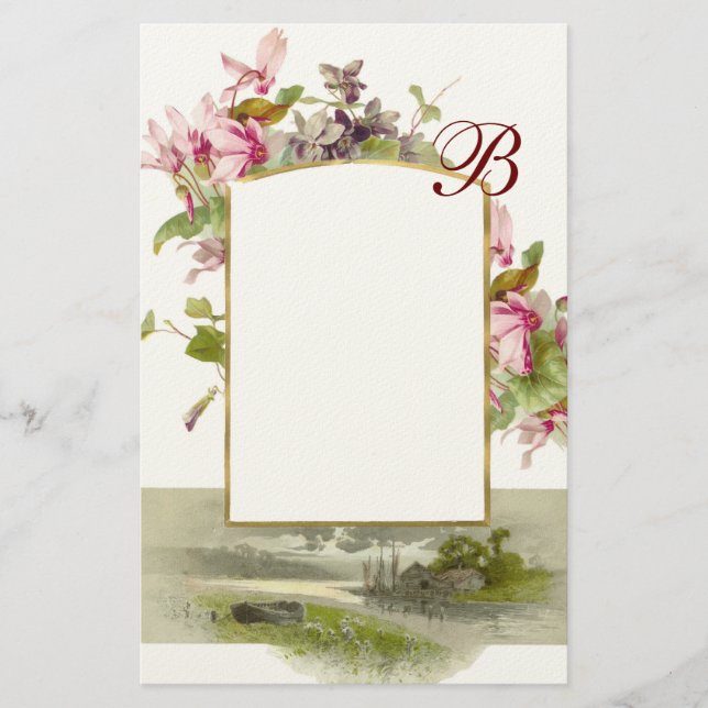 ROMANTISK MONOGRAM / CYKLAMEN, rosa grön kräm Brevpapper (Framsida)