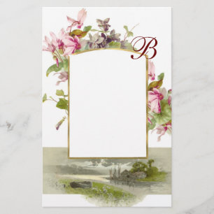 ROMANTISK MONOGRAM / CYKLAMEN, rosa grön vit Brevpapper