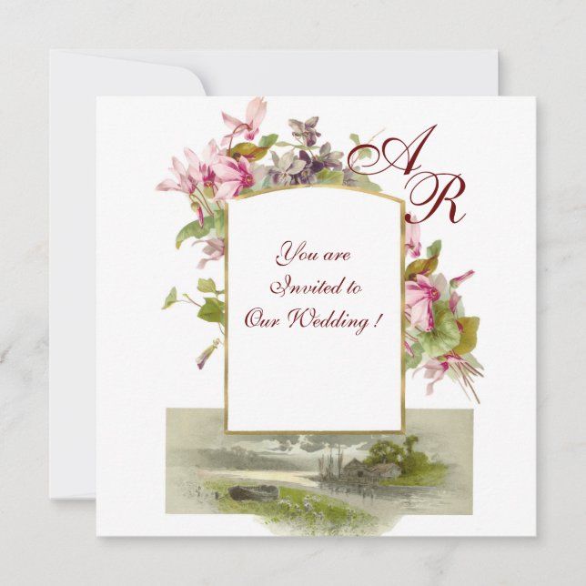 ROMANTISK MONOGRAM /CYKLAMEN, rosa grön vit Inbjudningar (Framsida)