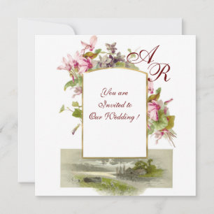 ROMANTISK MONOGRAM /CYKLAMEN, rosa grön vit Inbjudningar