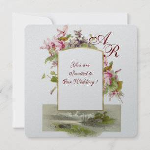 ROMANTISK MONOGRAM,ROSA CYKLAMEN, Blommig Silver Inbjudningar