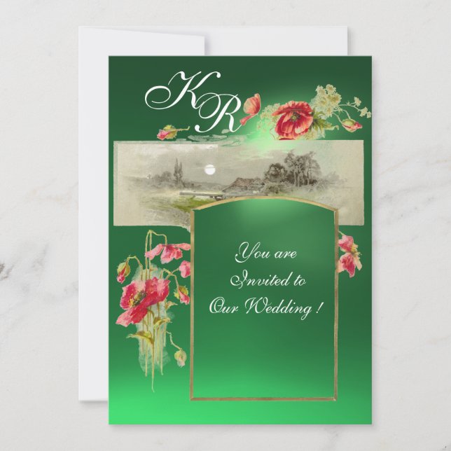 ROMANTISK MONOGRAM / VALLMO, röd, grön jade Inbjudningar (Framsida)