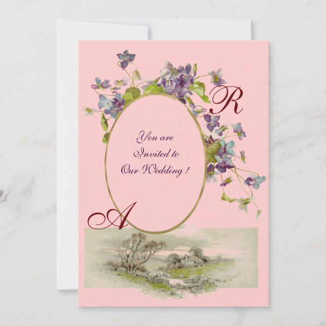 ROMANTISK MONOGRAM / VIOLER, grön lila,rosa Inbjudningar (Framsida)