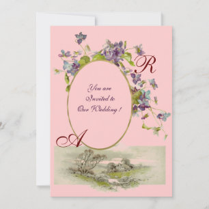 ROMANTISK MONOGRAM / VIOLER, grön lila,rosa Inbjudningar