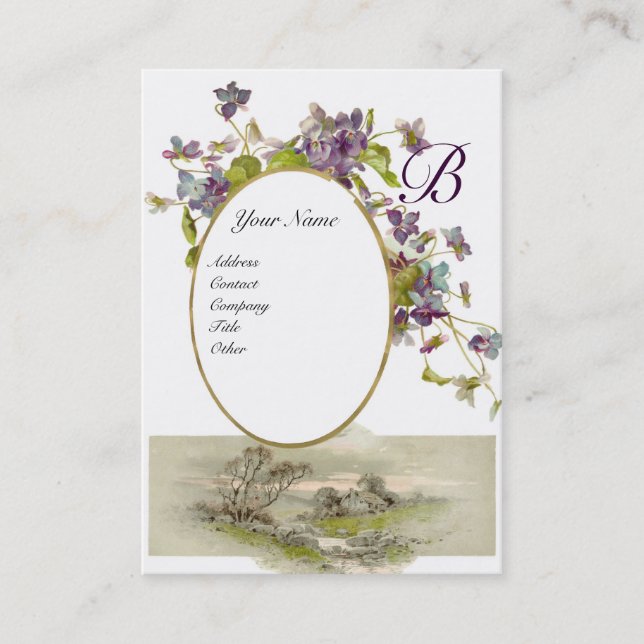 ROMANTISK MONOGRAM,VIOLET lila grönt vit Visitkort (Framsida)