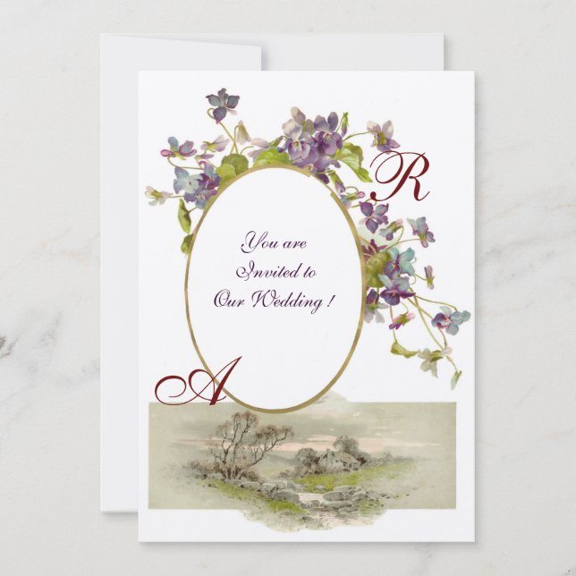 ROMANTISK MONOGRAM /VIOLETT,grön lila,kräm Inbjudningar (Framsida)