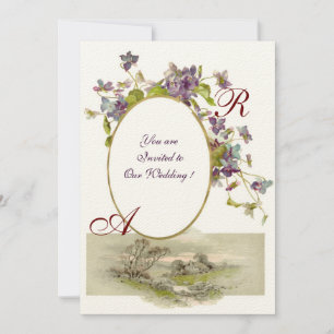 ROMANTISK MONOGRAM /VIOLETT,grön lila,kräm Inbjudningar