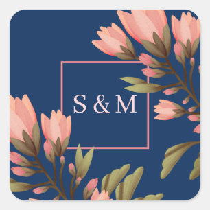 Romantisk mörk blått och rosa blommor, kvadratisk fyrkantigt klistermärke