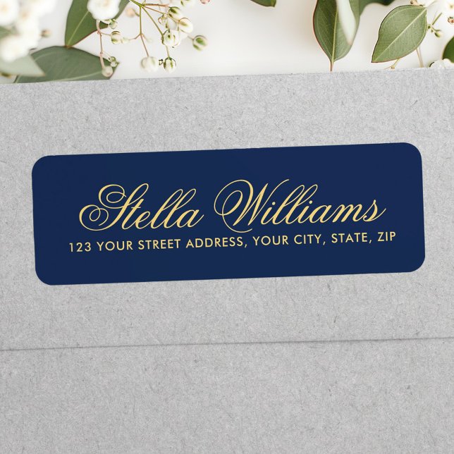 Romantisk mörk marin kalligrafi-skript adress returadress etikett (Romantic dark navy blue calligraphy script address label)