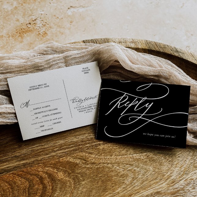 Romantisk | Mörk svart utskrivbar måltids-RSVP-pos Inbjudningar (Romantic | Dark Black Printable Meal RSVP Postcard)