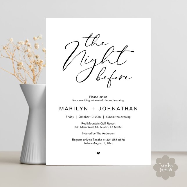 Romantisk natten före Bröllop-middagen Inbjudningar (Romantic The Night Before Modern Wedding Rehearsal Dinner Invitation Card PDF Black White)