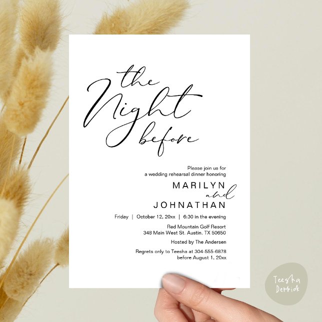 Romantisk natten före Bröllop-middagen Inbjudningar (Romantic The Night Before Modern Wedding Rehearsal Dinner Invitation Card PDF Black White)