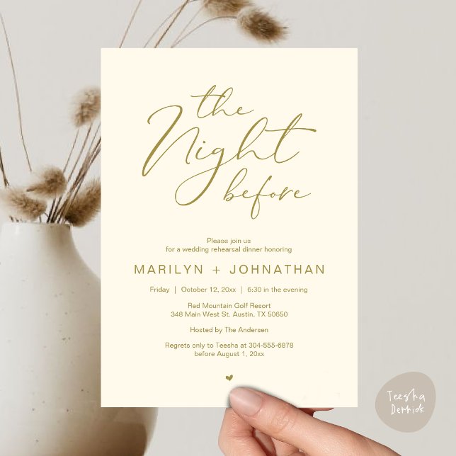 Romantisk natten före Bröllop-middagen Inbjudningar (Romantic The Night Before Modern Wedding Rehearsal Dinner Invitation Card PDF Aesthetic Yellow Gold)