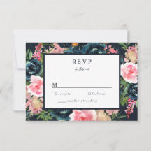 Romantisk Navyblå Rosafärgad Blommig RSVP-kort