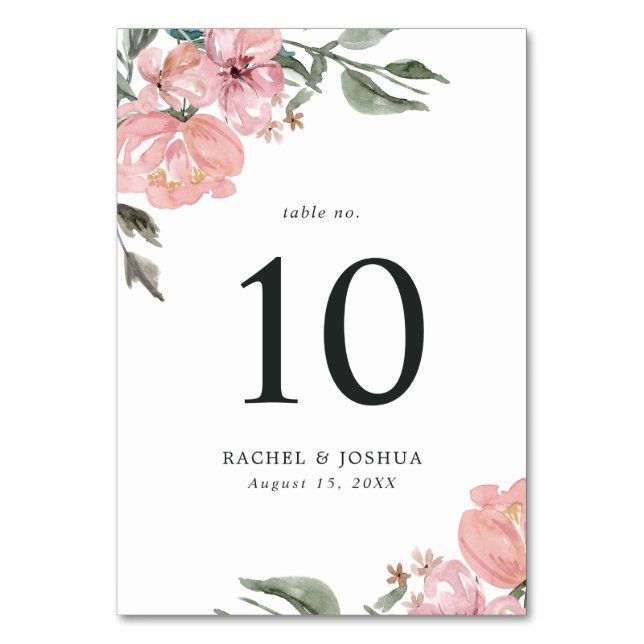 Romantisk Neutral Rosa Vattenfärg Blommor | Bröllo Bordsnummer (Framsidan)