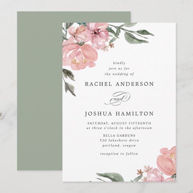 Romantisk Neutralt  Blommigt för vattenfärg | BRÖL Inbjudningar (Fram/baksida)