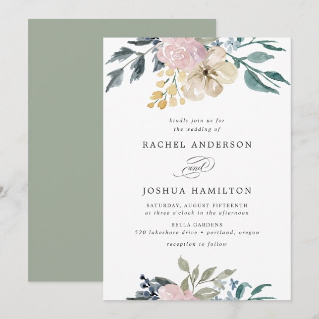 Romantisk Neutralt  Blommigt för vattenfärg | BRÖL Inbjudningar (Fram/baksida)