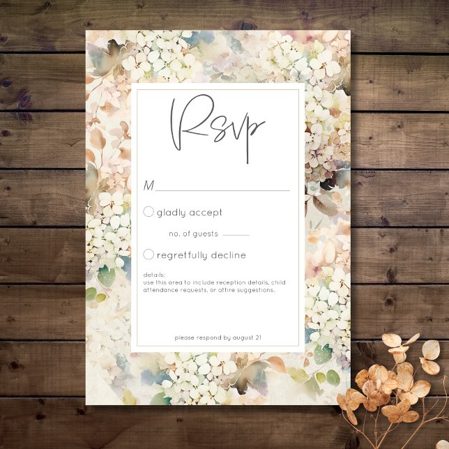 Romantisk Neutralt Vintage Hydrangeas Bröllop OSA Kort (Romantic Neutral Vintage Hydrangeas Wedding RSVP Card)