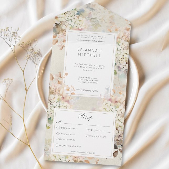 Romantisk Neutralt Vintage Hydrangeas Middag (Romantic Neutral Vintage Hydrangeas Dinner All In One Invitation)