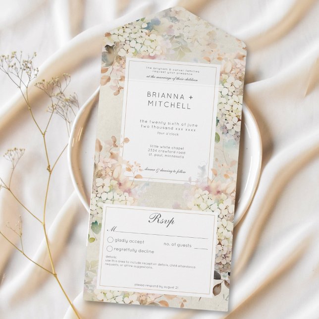 Romantisk Neutralt Vintage Hydrangeas No Middag (Romantic Neutral Vintage Hydrangeas No Dinner All In One Invitation)